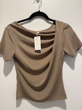 Taupe Drape-Neck Short Sleeve Top